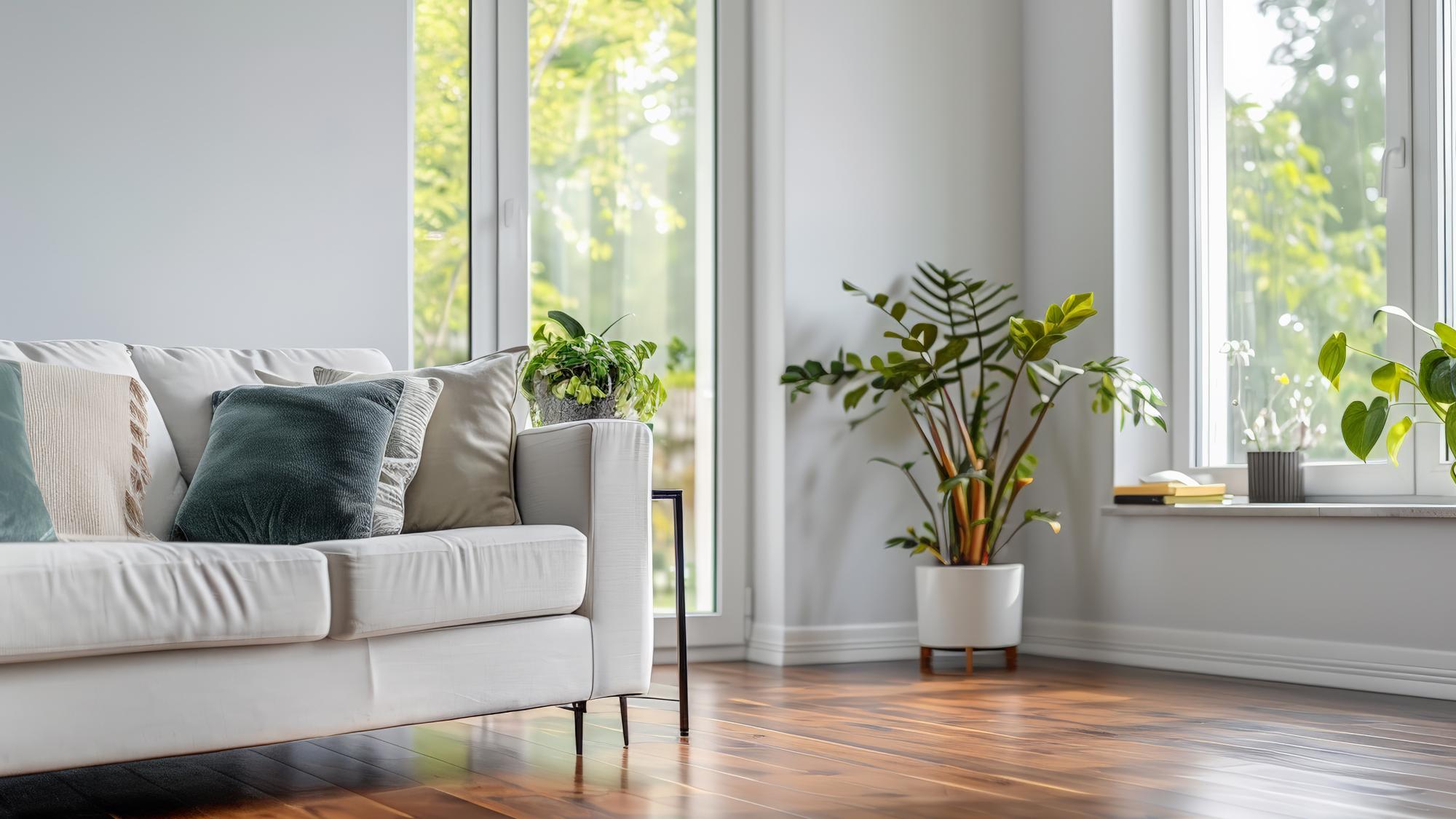 A cozy living room featuring a light-colored sofa with decorative pillows, large windows allowing natural light in, and several potted plants placed around the room on the floor and windowsill. The floor is made of wooden planks.